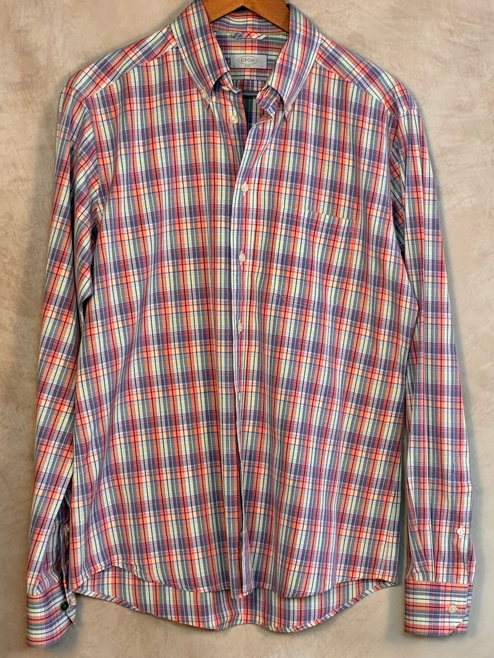 Eton Slim Fit Multicolor Plaid Button Down Shirt Mens Sz Large Contrast Button